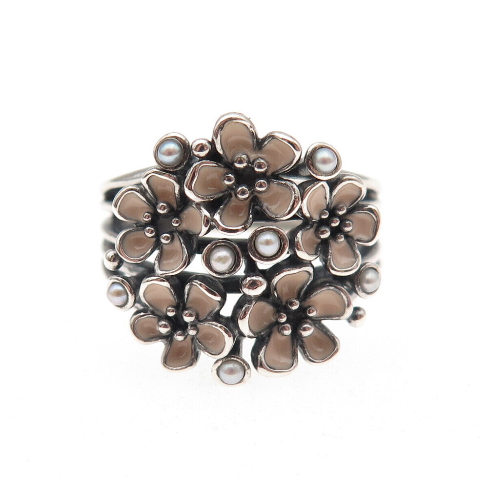 Pandora Sterling Silver Enamel Real Pearl Cherry Blossom Bouquet Ring Size 7.75 - Picture 3 of 8